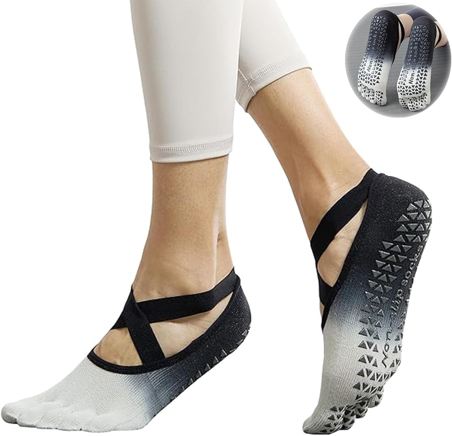 JOWILIN Pilates Socks for Women, Yoga Socks with Non-Slip Grips and Straps, Full Toe Socks for Pilates, Ballet, Pure Barre, Dance image number 4