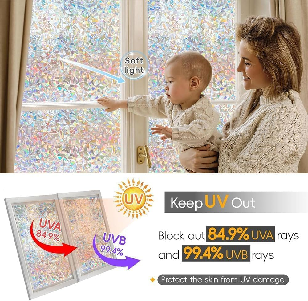 JZS Window Film of Privacy, Stained Glass Window Film, Rainbow Decorative Window Cling, Sun Blocking Static Cling Window Stickers, Room Home Decor Window Cover, Non-Adhesive,45 X 200Cm,Scale Style image number 4