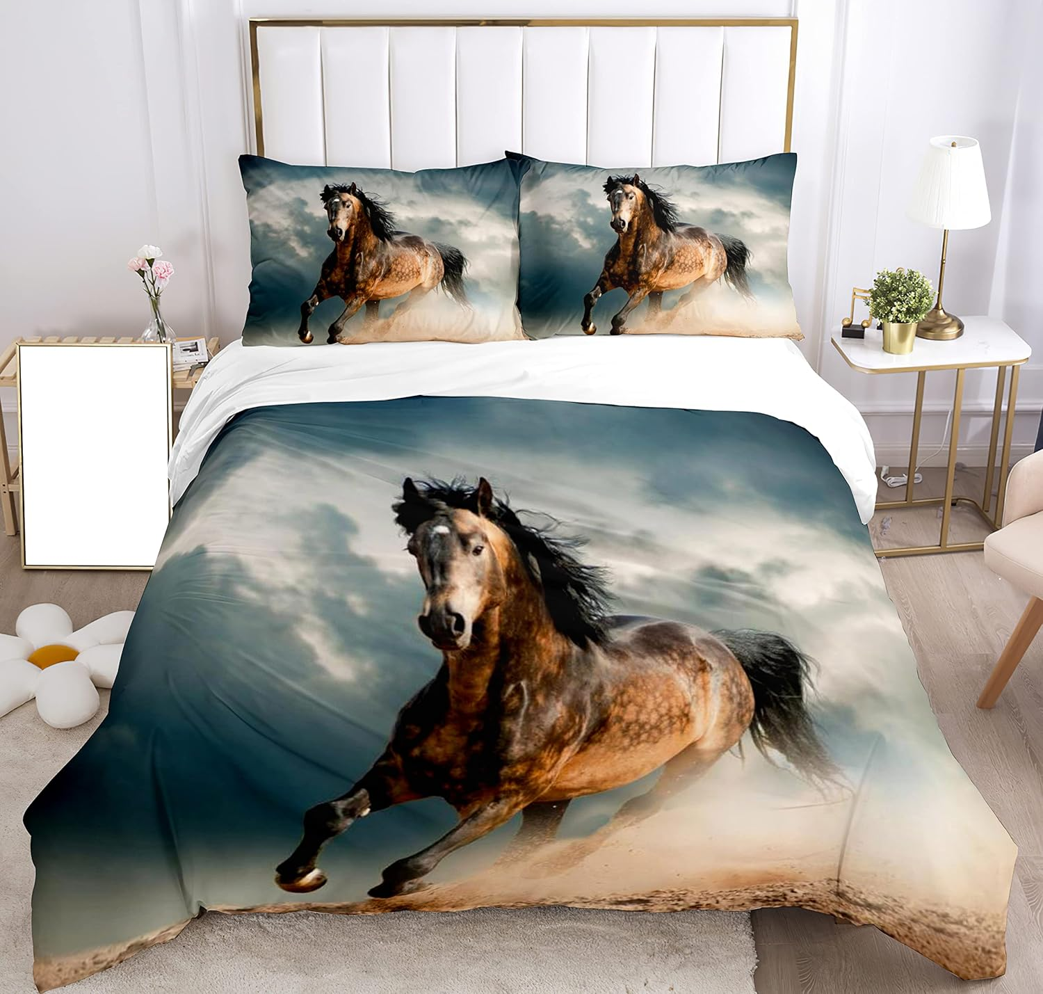 Bedding Set for Horses 3D Print, Children'S Bedding Set, Animal Horses Motif, Microfibre Duvet Cover Set with Zip and Pillowcase 50 X 75 Cm, for Children, Boys, Teenagers (Two Horses, 200 X 200 Cm)