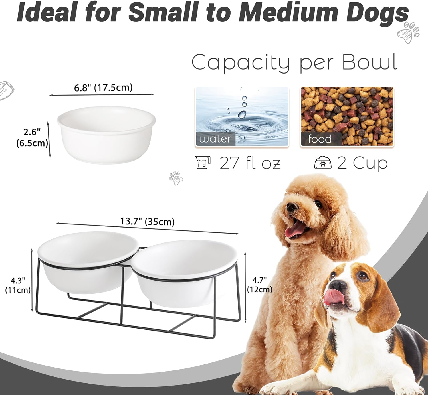 Raised Ceramic Dog Bowl with Metal Stand - Double Bowls for Food and Water - Feeding Bowl for Cats and Small to Medium Dogs - White image number 7