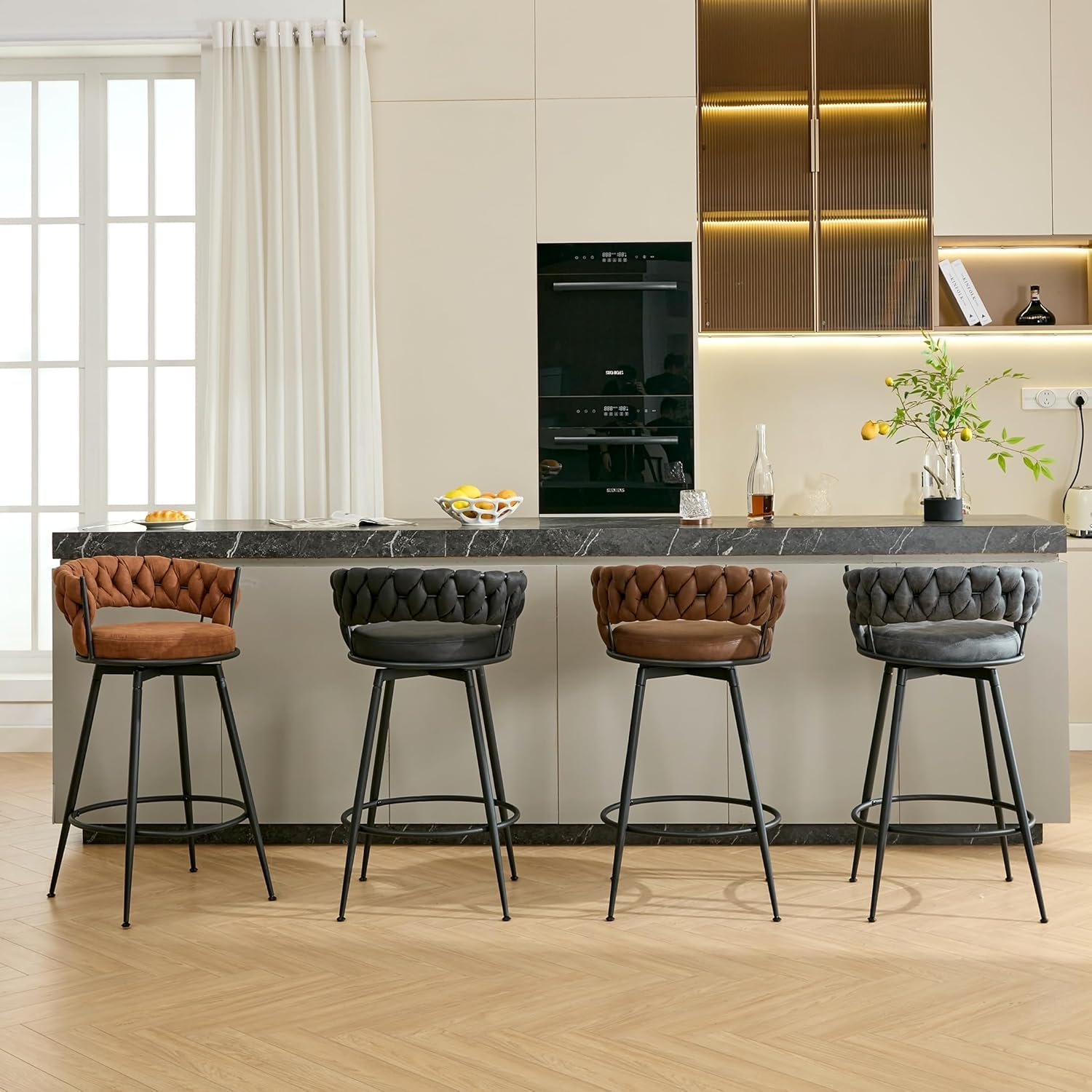 Bar Stools Set of 2, 71Cm Counter Height Swivel Stools with Woven Back & Suede Fabric Seat, 360&deg; Swivel Metal Frame Stools with Footrest for Kitchen Island, Cafe, Pub, Bar, Brown image number 1