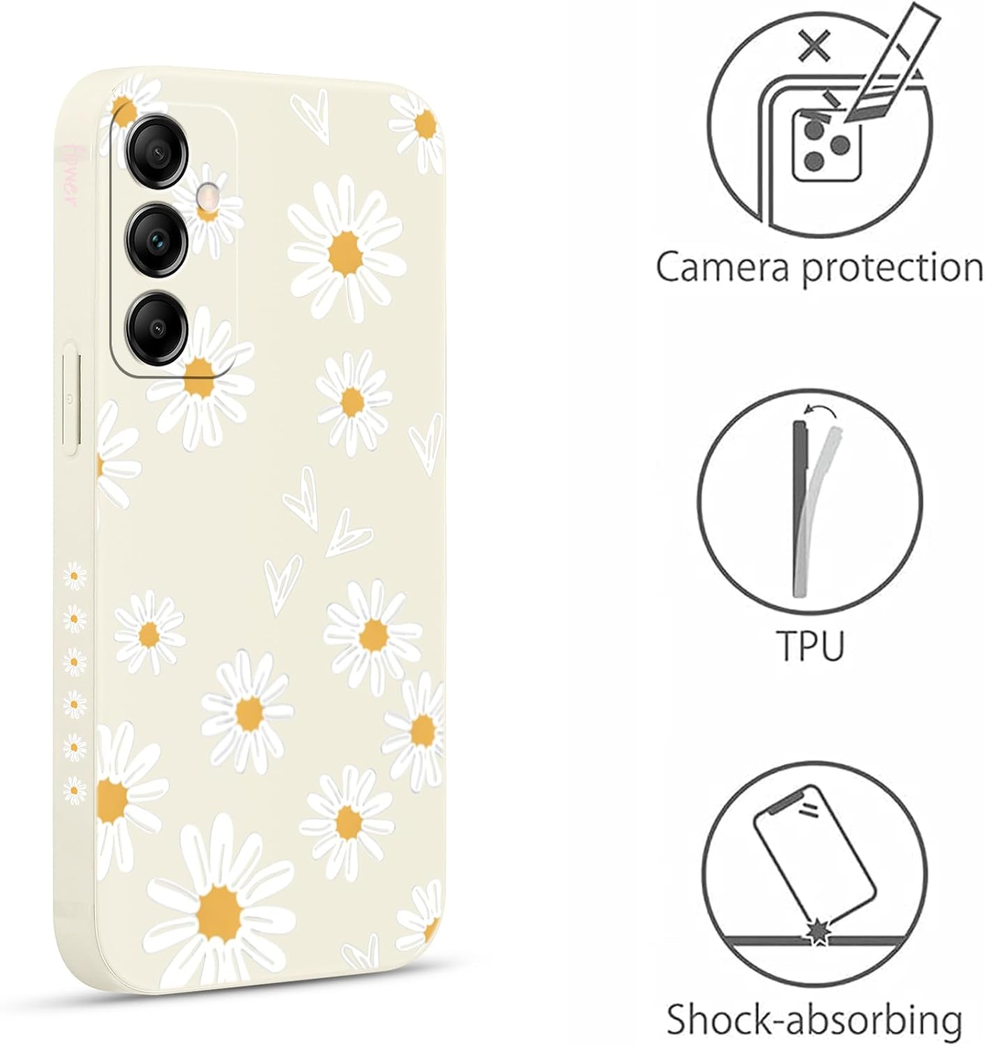 Yoedge Mobile Phone Case for Samsung Galaxy A55 5G Case, Aesthetic Flowers Daisy Heart Pattern Cute Design Girls Women Cover, Silicone Shockproof Case Scratch-Resistant Protective Case for Samsung A55 image number 2