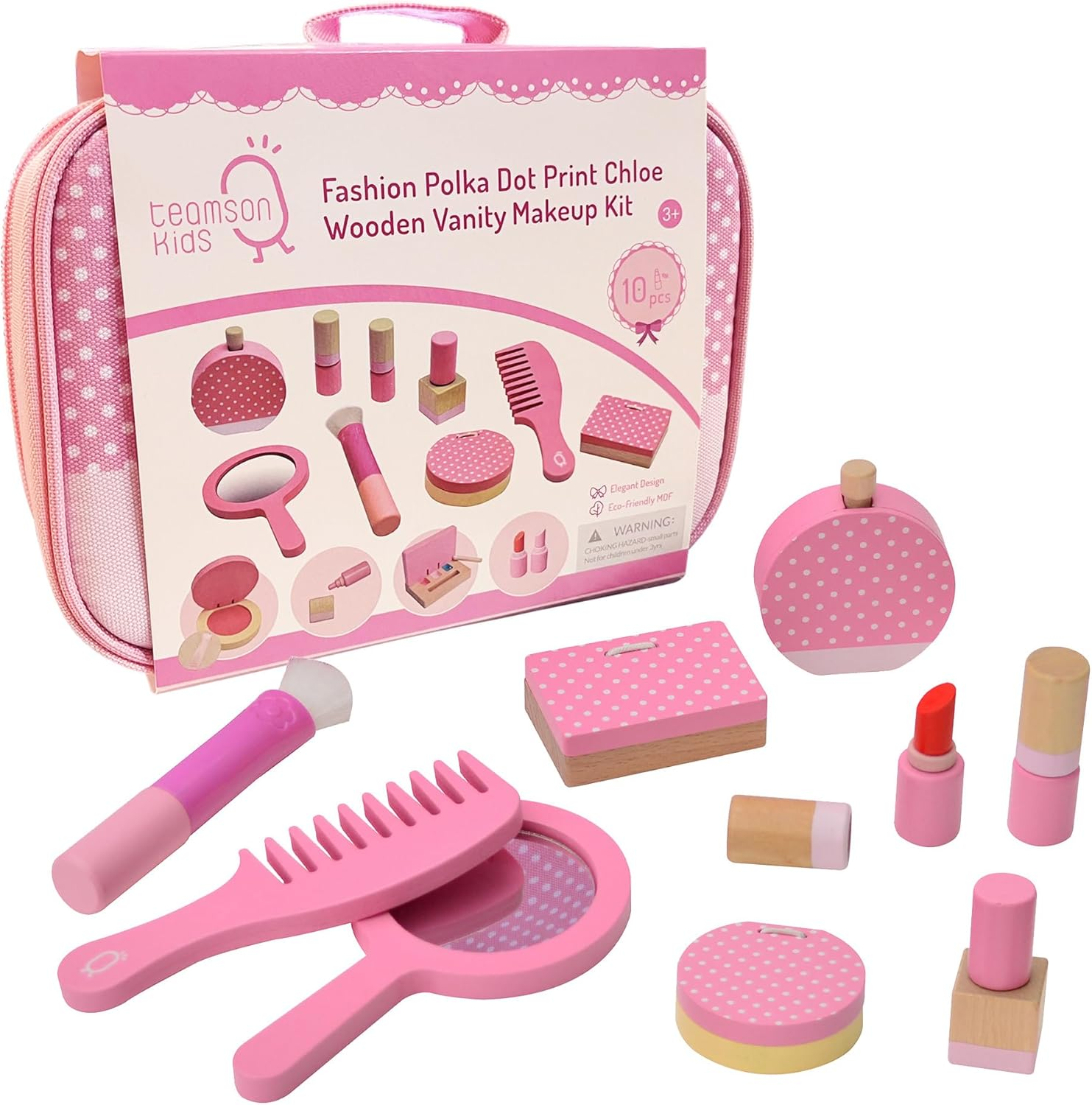 Teamson Kids Chloe Polka Dot Wooden Play Makeup Set Pretend Vanity Accessories 10Pc image number 6