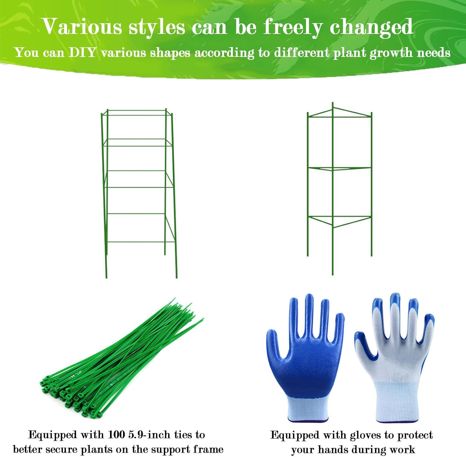 Tomato Cage,Garden Trellis,4 Pack Plant Stakes with 100 Plants Ties and Gardening Gloves,Plant Trellis for Climbing Vegetables Plants Flowers(48 Inches) image number 1