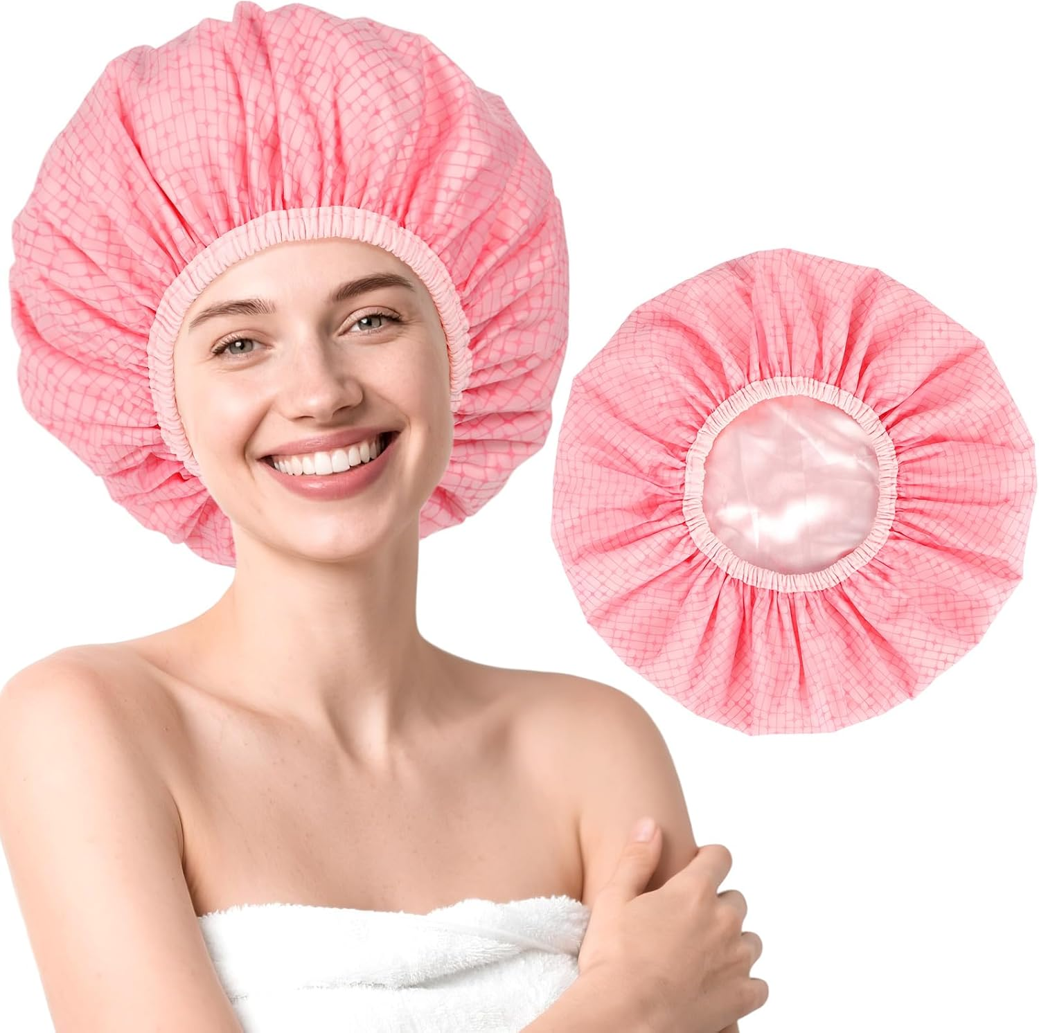 Pink Shower Cap,Hair Cap for Shower,Double Layered Waterproof Hair Caps,Satin Lined Bath Caps for Braids Long Hair image number 5