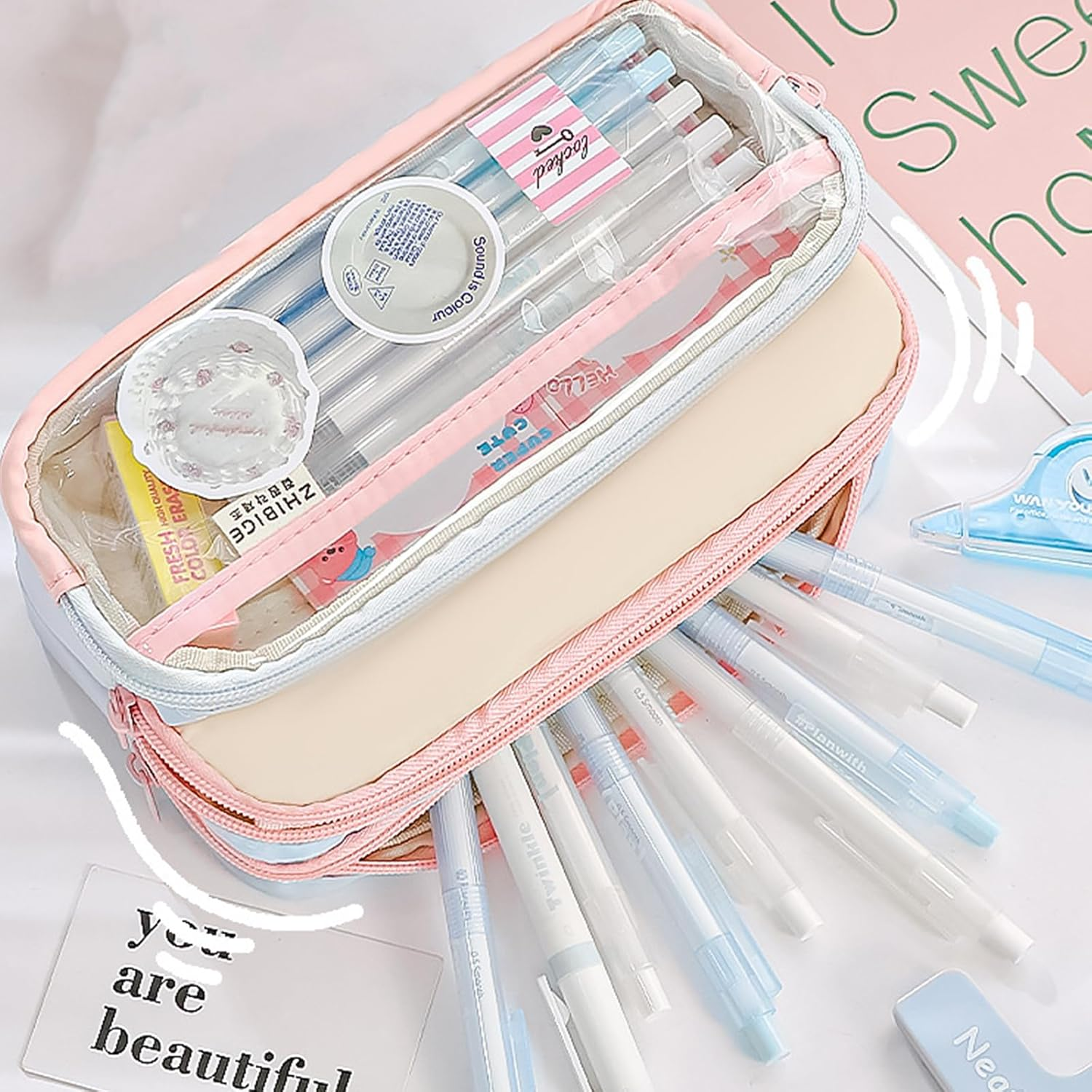 Pencil Case Large Capacity Aesthetic Pencil Case with 4 Compartments Zip Smoothy Pencil Case for Middle School College Office Student Girls Gift, Blue and Pink, Pencil Case image number 6