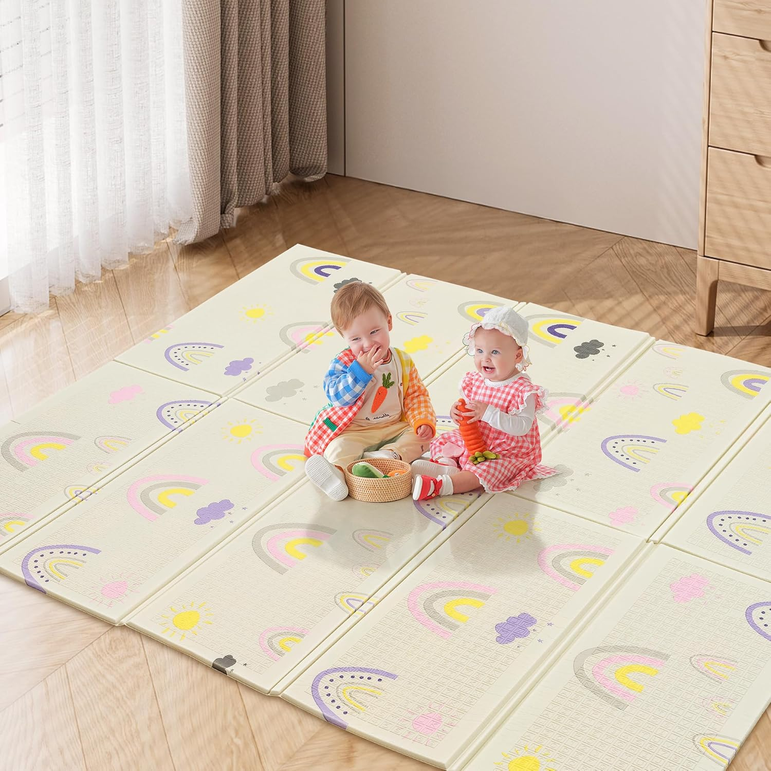 Playpals 200&times;180CM Foldable Baby Play Mat, Double-Sided Waterproof Playmat for Babies, Toddlers & Infants, Reversible Baby Mat with Travel Bag, Indoor and Outdoor Use, Rainbow+Tall Buildings