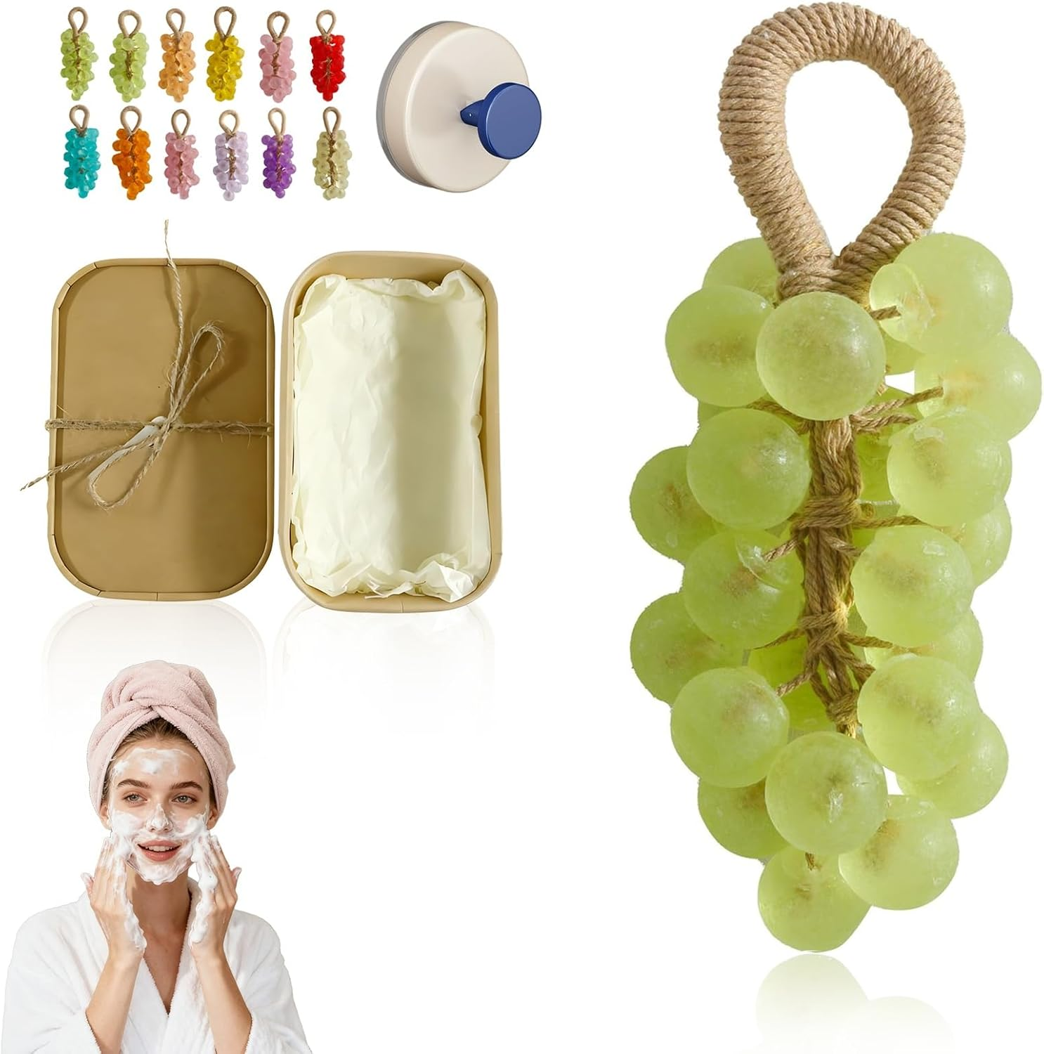 Grape Soap on a Rope, Handmade Crystal Grape Soap Gentle Cleansing, for Body, Hand＆Face Cleanser for Soft, Smooth Skin, Fresh Air(Greentea)