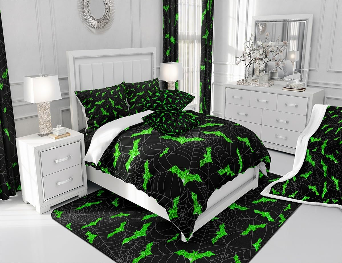Bat Duvet Cover Set, S Size, Black Spider Web Bedding Set, Gothic Style Halloween Comforter Cover, Children, Girls, Adult Bedroom Decor, Green Glitter Print Quilt Cover, 1 Pillowcase image number 5