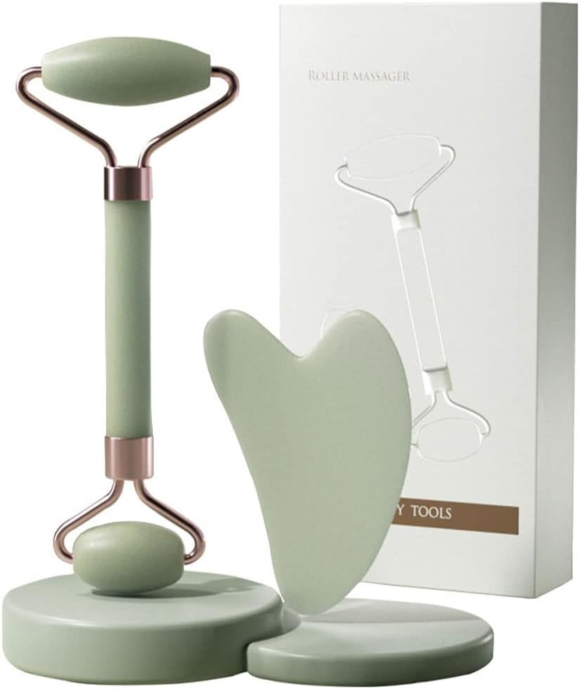 Jade Roller and Gua Sha Set, Face Eyes Neck Face Massager for Skin, for Eye Puffiness, Skin Tightening, anti Aging, Rejuvenate Face, Face Massager for Slimming and Firming (Green) image number 5