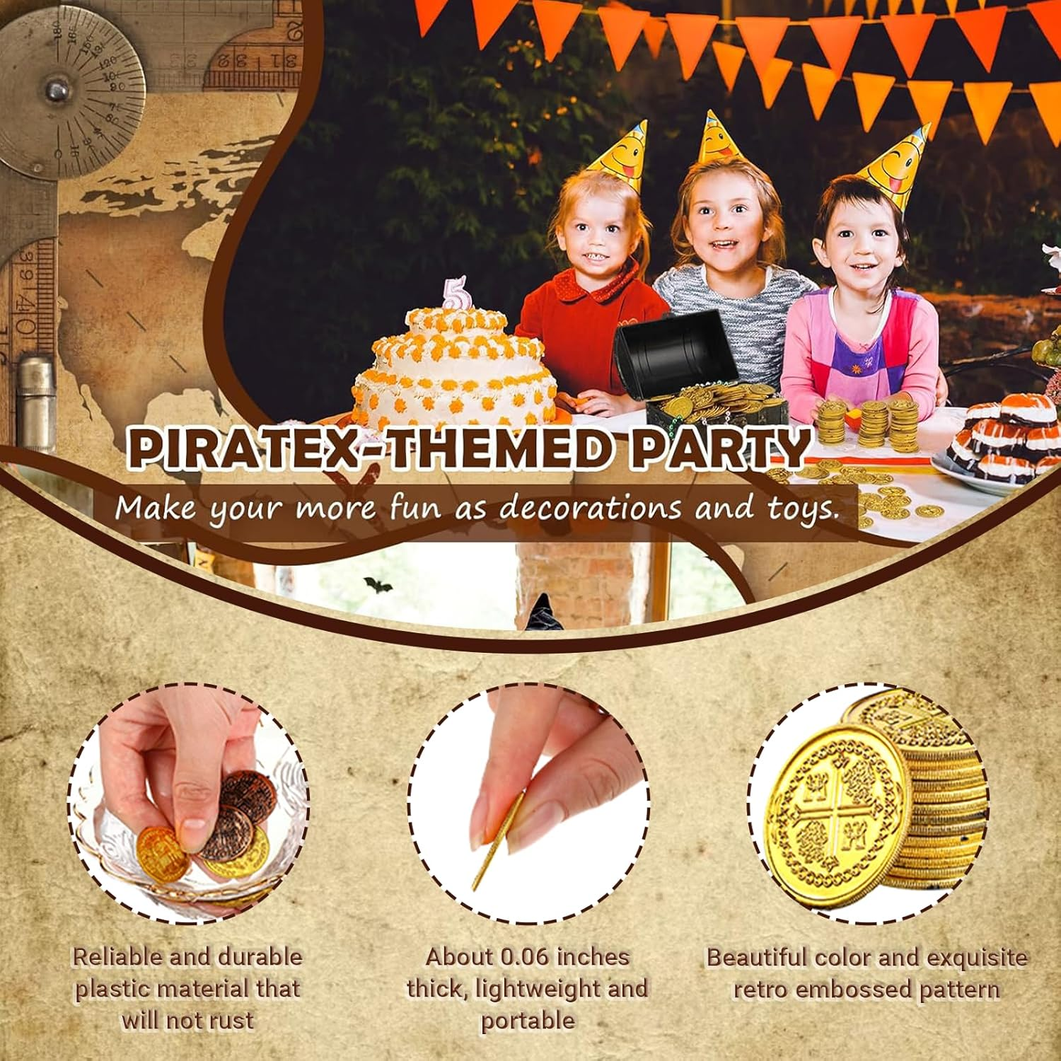 JOWILIN Pirate Coins Set, 100 Pcs Plastic Pirate Gold Coins, Treasure Hunt Coins, Fake Pirate Coins for Pirate Adventure Themed Supplies, Birthday Party Props, Pirate Party Favors image number 2