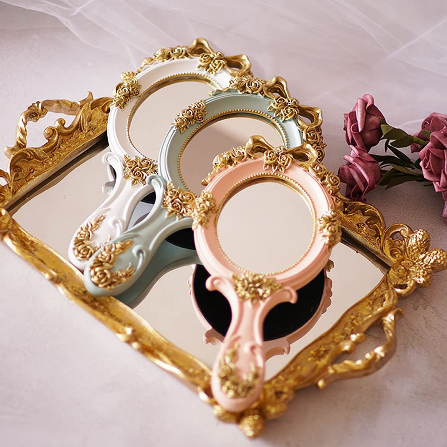 Nerien Vintage Style Rose Hand Held Mirror Princess Oval Vanity Mirror Pink image number 1