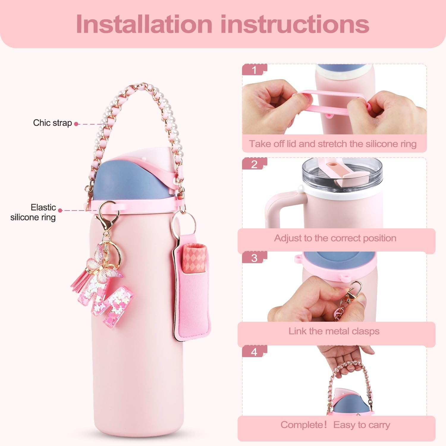 Letter Accessories for Owala Water Bottle 24/32/40Oz,Initial Charm、Lipstick Holder and Handle Strap for Owala Accessories and Stanley Cup Accessories(Pink, R) image number 4