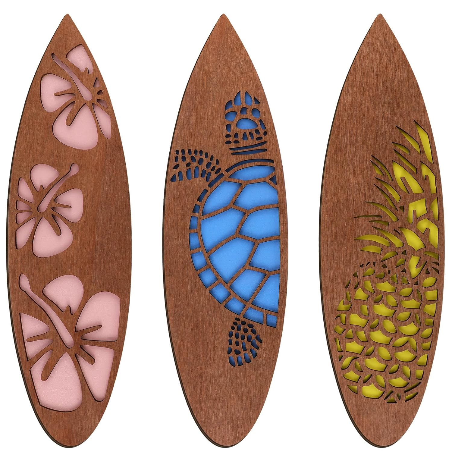 Tatuo 3 Pcs Surfboard Wall Decor Surfboard Hanging Sign Available in Sizes Summer Backdrop for Party Tropical Beach Room Decor Wooden Decoration for Hawaiian Luau(Retro,11.81 X 3.31 X 0.2 Inch)