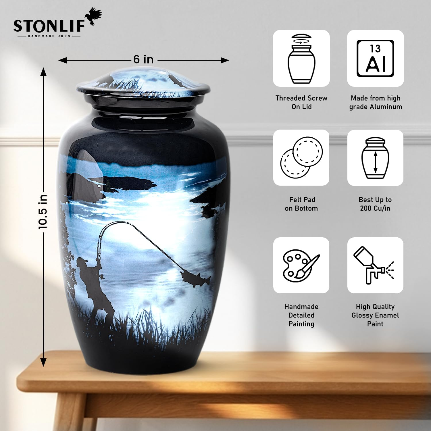 STONLIF Large Gone Fishing Urns for Ashes Adult Male & Female - 200 Lbs Decorative Urn, Burial Urns for Dad, Men - Funeral Urn with Velvet Bag and Felted Bottom - Blue Urn for Ashes Adult Male image number 1