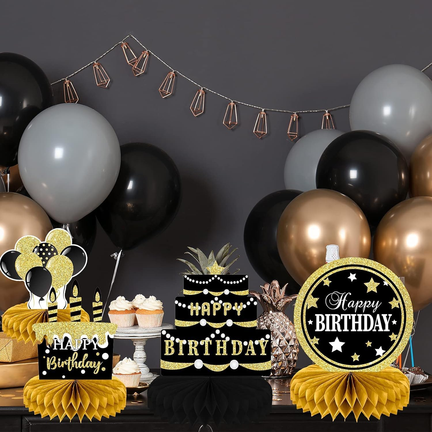 9PCS Black Gold Birthday Centerpieces for Tables Decorations Happy Birthday Honeycomb Table Topper for Party Supplies, Black and Gold, 20*20*1Cm image number 5