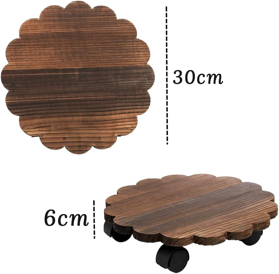 GUDAJIN 2 Pack Plant Cart, Wooden round Plant Cart, Rolling Plant Stand with 360&deg; Lockable Casters, Wooden Plant Pot Mobile Tray Base for Large Pots, Planters, Patio, Indoor Outdoor image number 4