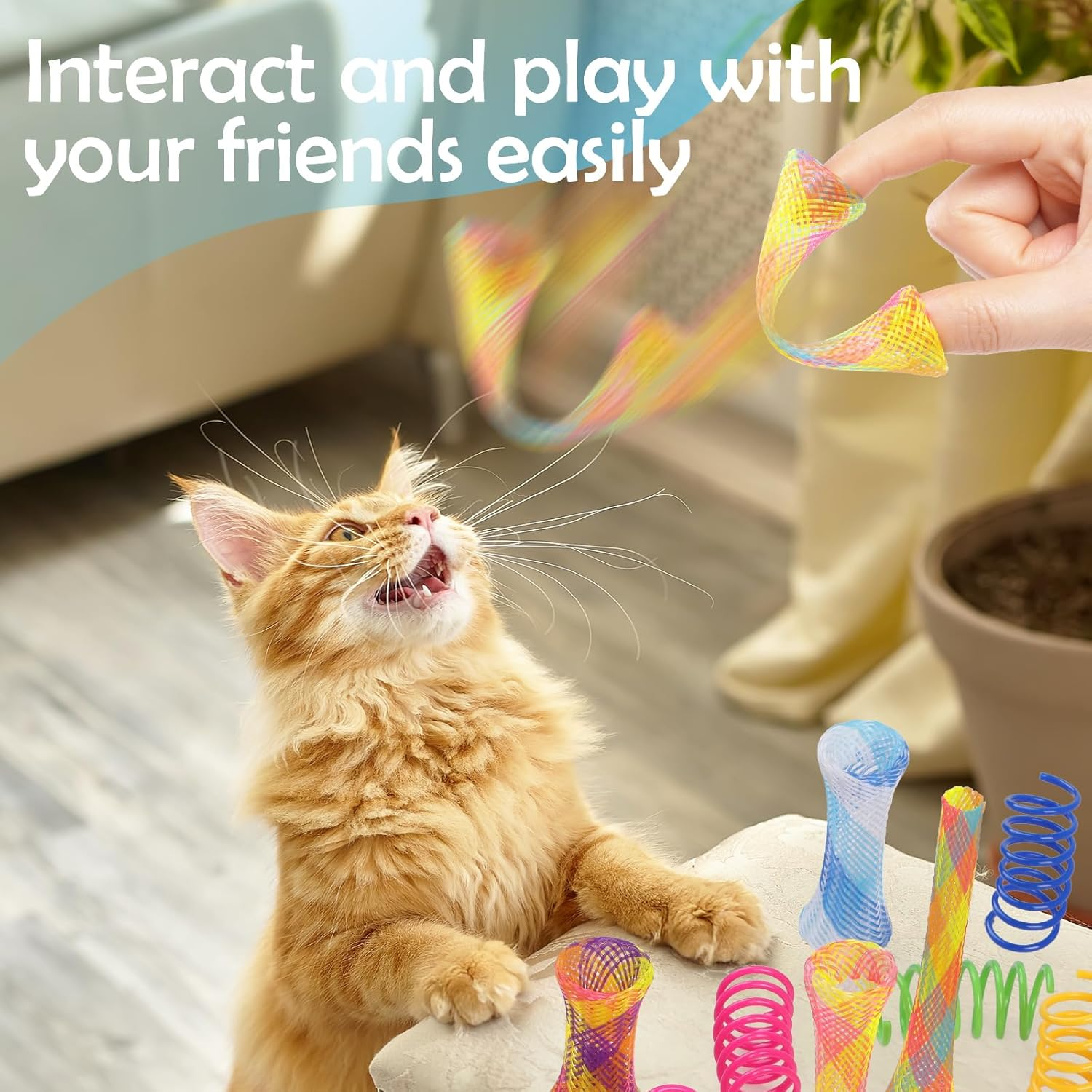 42Pcs Cat Spring Toys，Geeric 32 Short Spring+10 Elastic Hose Tube Colorful Folding Bouncing Mesh Pet Spring Tube Kitten Toy Portable Interactive Cats Toys to Swat, Bite, Hunt In/Outdoor image number 1