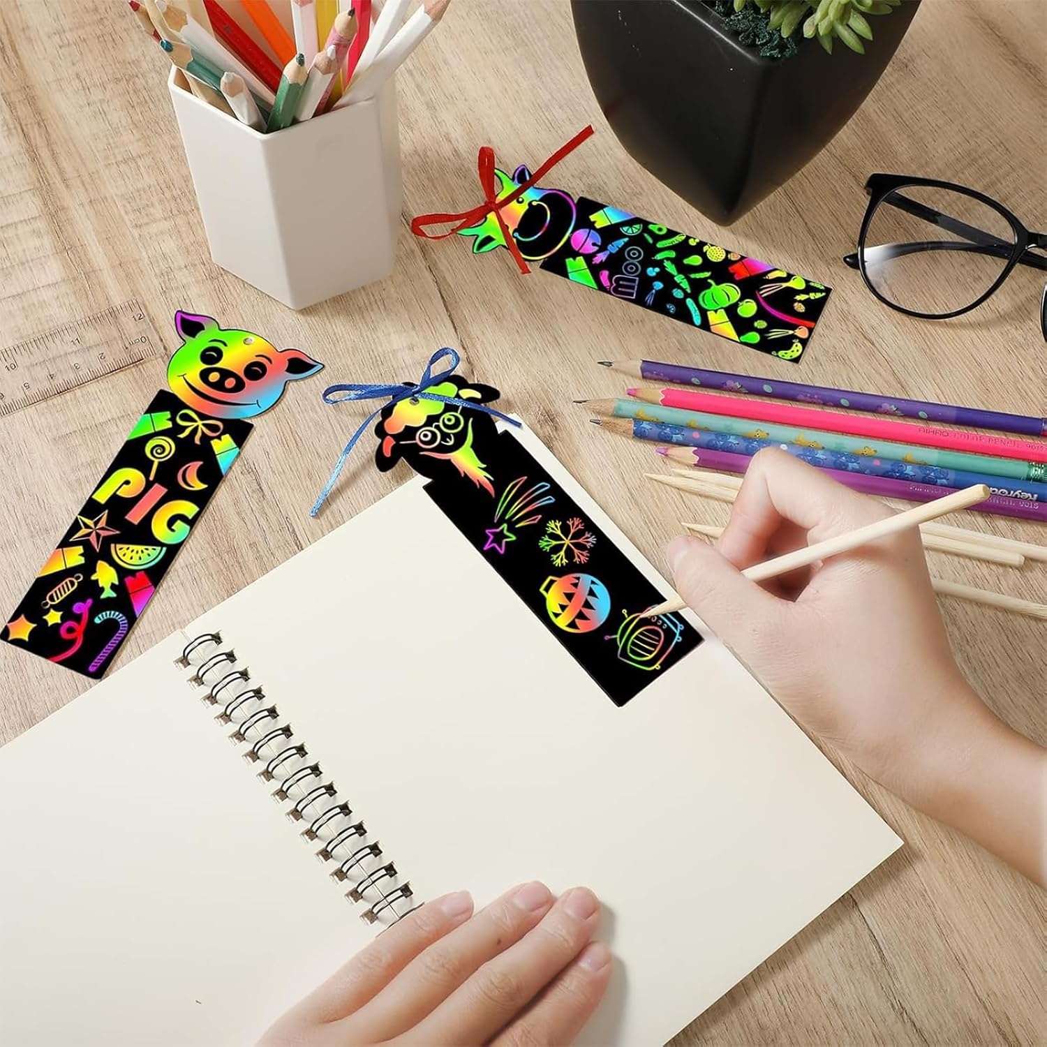 60Pc Animal Scratch Art Bookmarks Kit with 30 Wooden Styluses & 60 Ribbons - Creative DIY Craft Party Favors for Kids, Classroom Rewards, Birthday Gifts for Girls Boys (Rainbow Design) image number 5