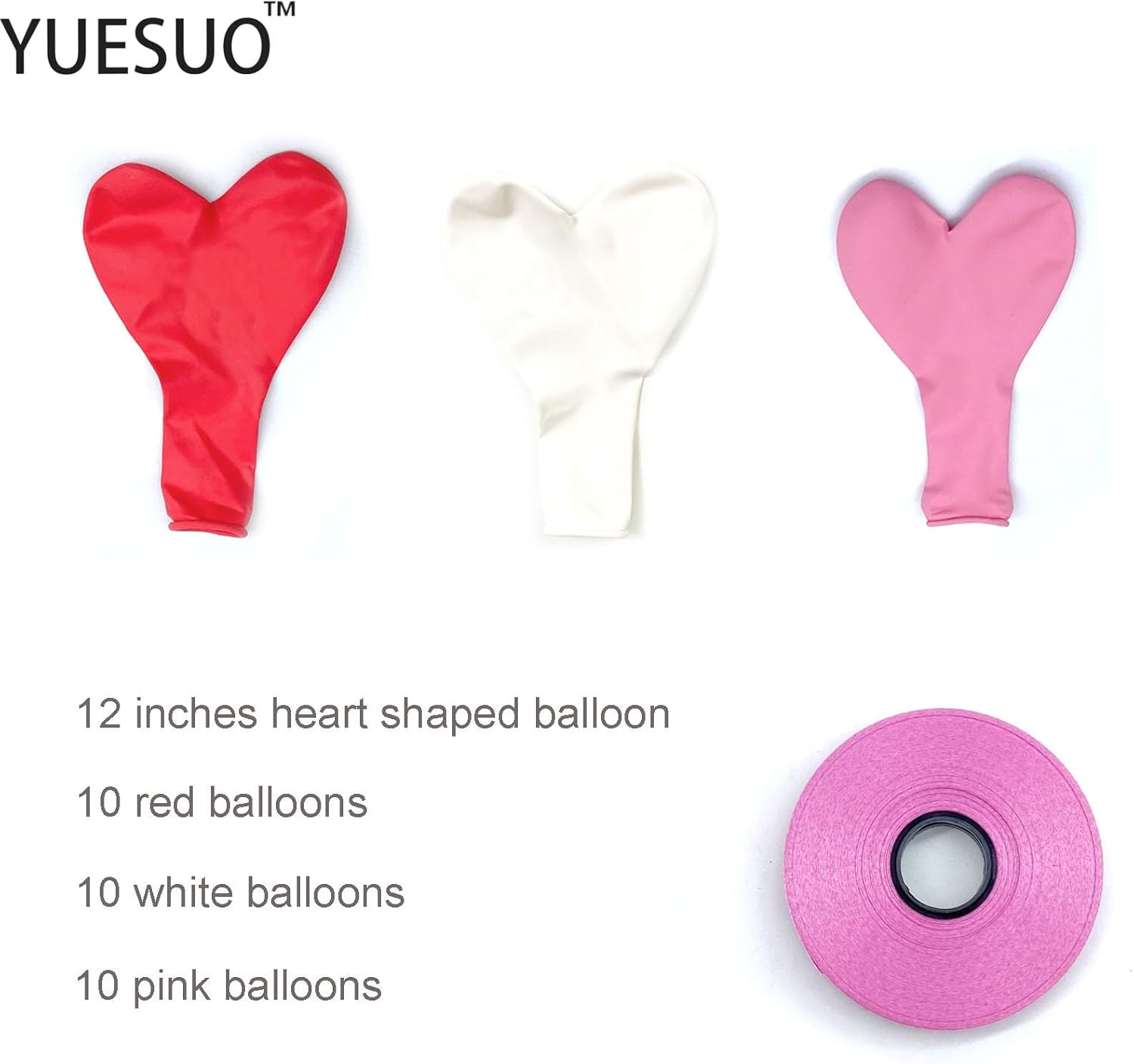 YUESUO Heart Shape Balloons for Valentines Day,Propose Marriage,Birthday Party Graduation 3 Style,12 Inch,Pack of 30 With1 Pink Ribbon (White+Red+Pink) image number 4