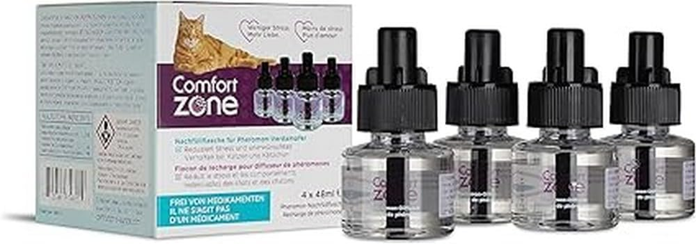 Eco Pack of 4 Refills for Comfort Zone Diffuser (120 Days) &ndash; Pheromones: Reduces Stress, Urinary Marking, Scratching and Other Problematic Behaviors.