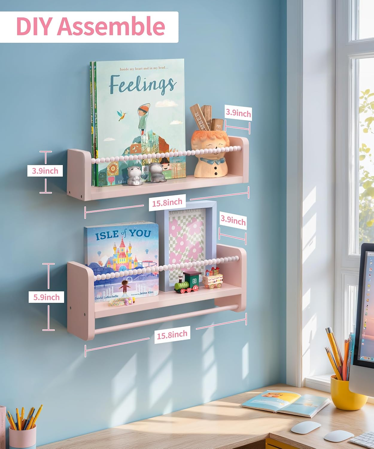 Nursery Book Shelves, Set of 3 Kids Bookshelves Natural Wood Wall Mount Organizer with Towel Bar Hanging Nursery Decor for Kids Room, Playroom, Bedroom and Kitchen, Pink image number 2