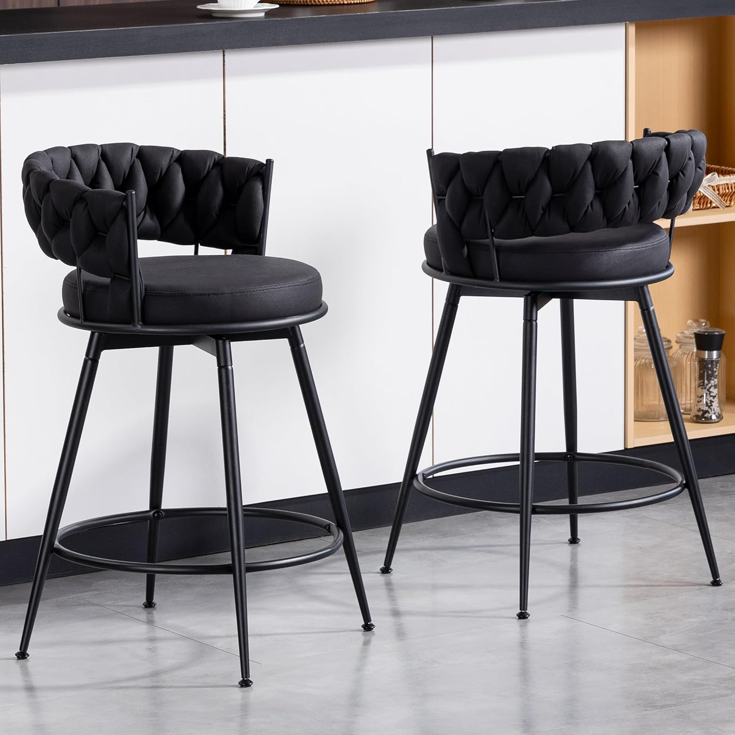 Bar Stools Set of 2, 71Cm Counter Height Swivel Stools with Woven Back & Suede Fabric Seat, 360&deg; Swivel Metal Frame Stools with Footrest for Kitchen Island, Cafe, Pub, Bar, Brown