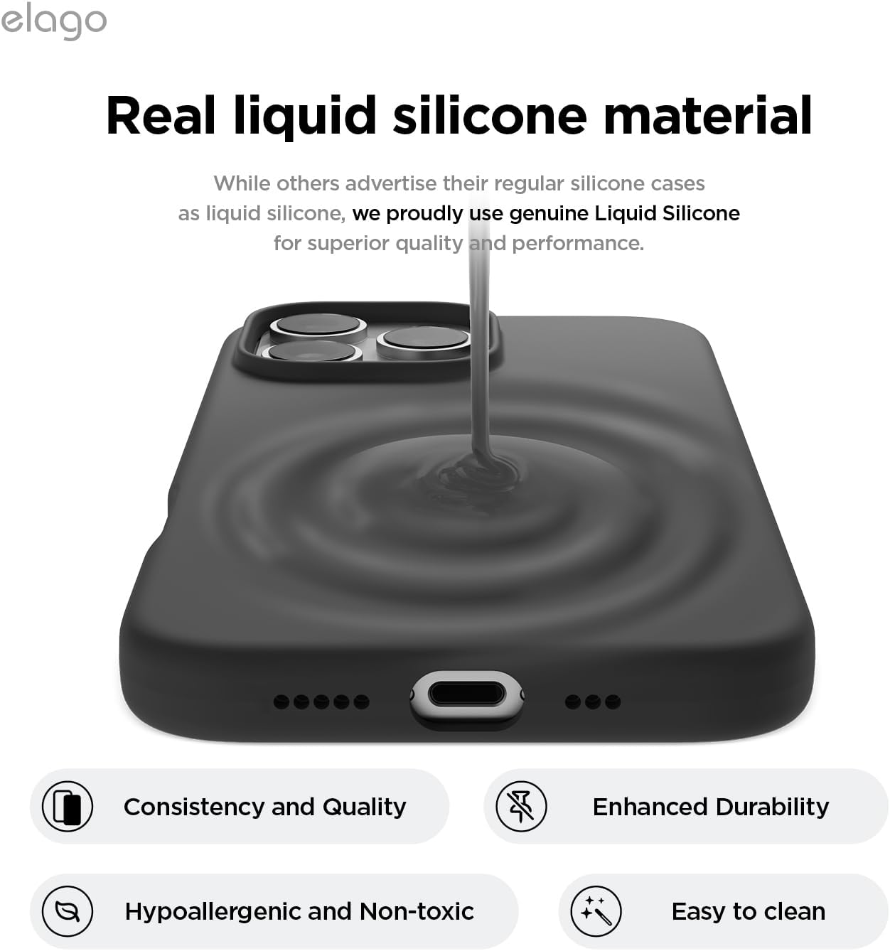 Elago Premium Liquid Silicone Case Compatible with Iphone 16 Pro Case, Full Body Protective Cover, Shockproof, Slim Phone Case, Anti-Scratch Soft Microfiber Lining, 6.3 Inch (Black)