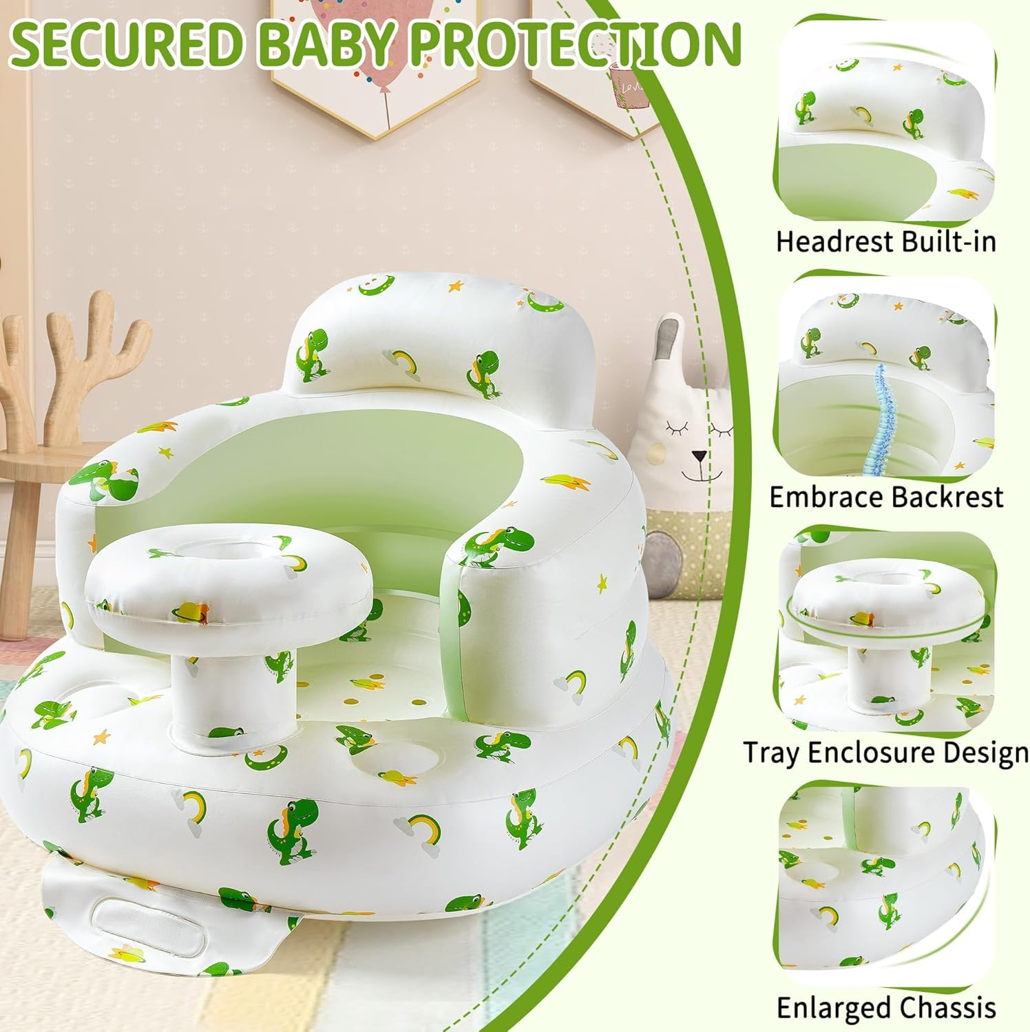 Inflatable Baby Seat Portable Baby Chair Comfortable Inflated Baby Sofa for Babies 3 Months & up Foldable Blow up Baby Seat for Learning to Sit Built in Air Pump Infant Back Support