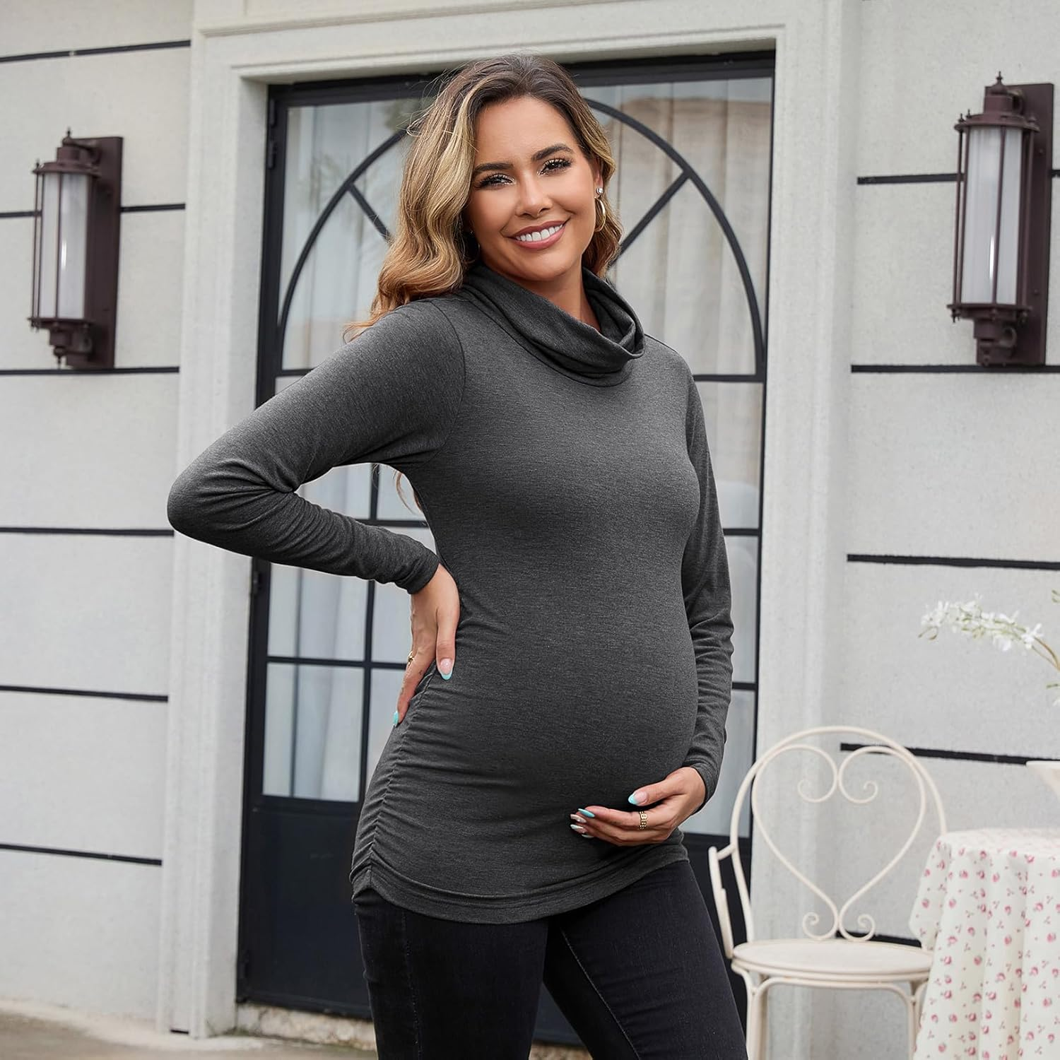 GINKANA Maternity Long Sleeve Shirts Cowl Neck Pregnancy Pullover Tops Basic Lightweight Tee Sweatshirts Tunic image number 4