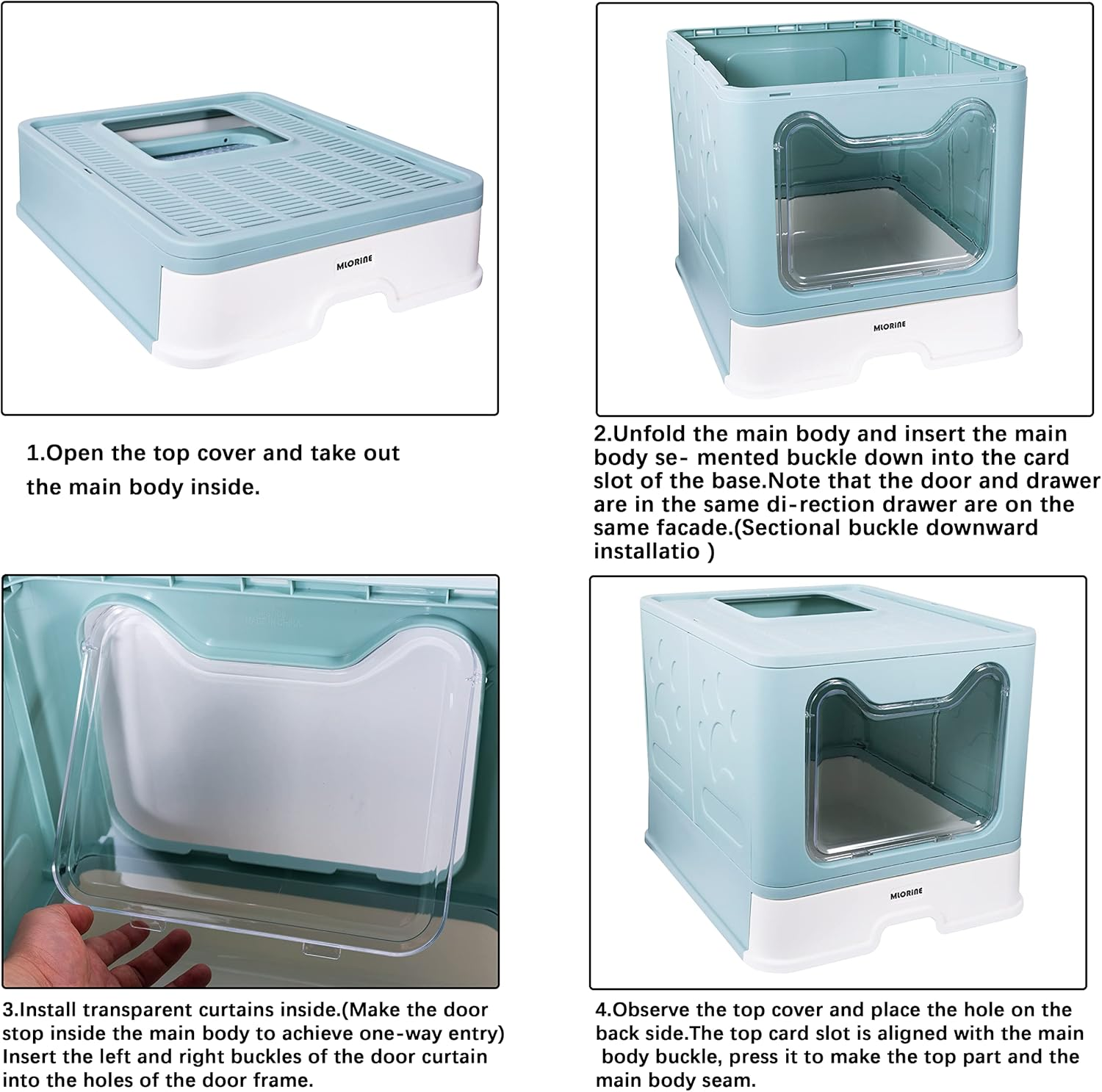 Cat Litter Box Large Pan - Foldable Top Exit Pet Boxes with Entry Lid, Plastic Cleaning Scoop,Cat Nail Clippers,Portable Cats Bowl (Blue) image number 3