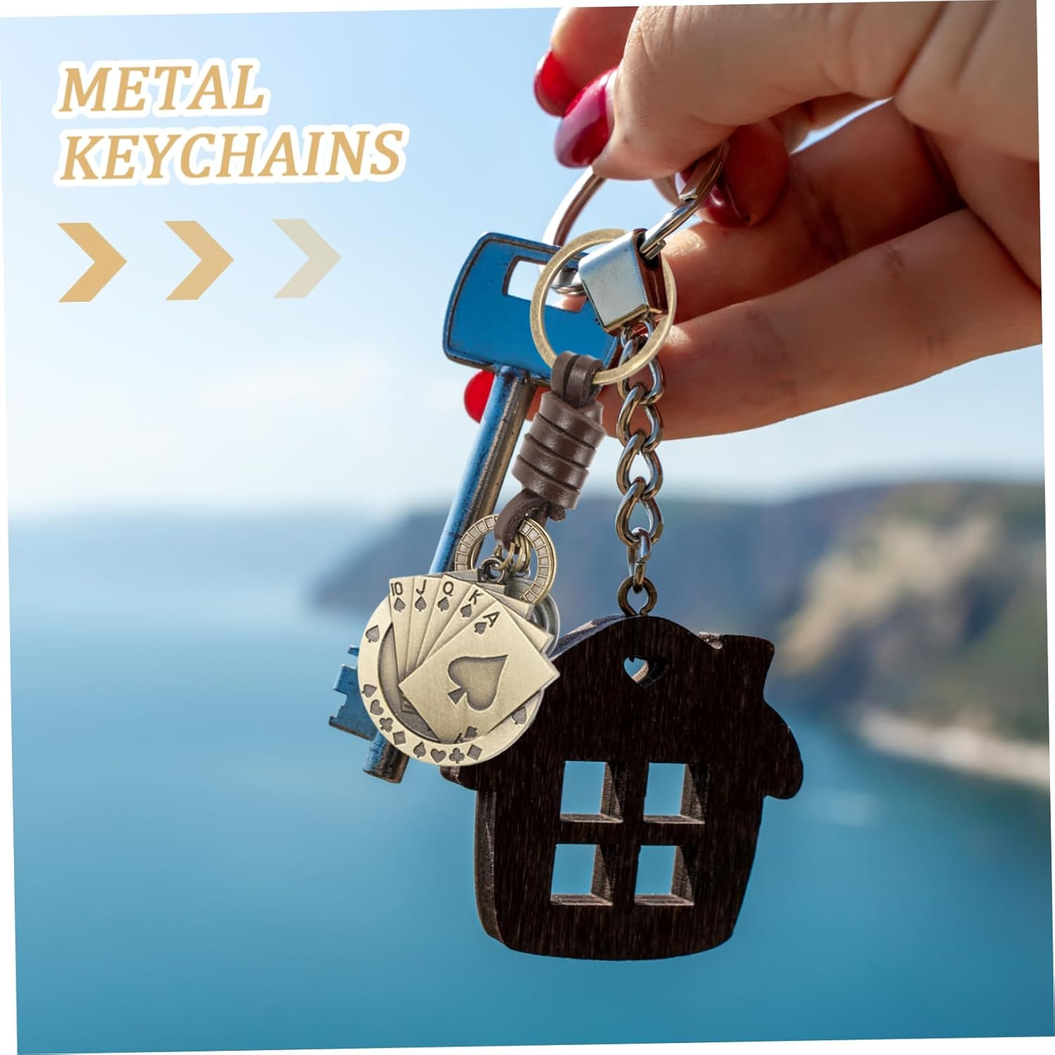 SAFIGLE Vintage Leather Poker Cards Keychain for Men, Small Handmade Woven Car Key Ring with Bag Hanging Decoration, Creative Retro Key Pendant Suitable for Adults and Backpack Accessories image number 1