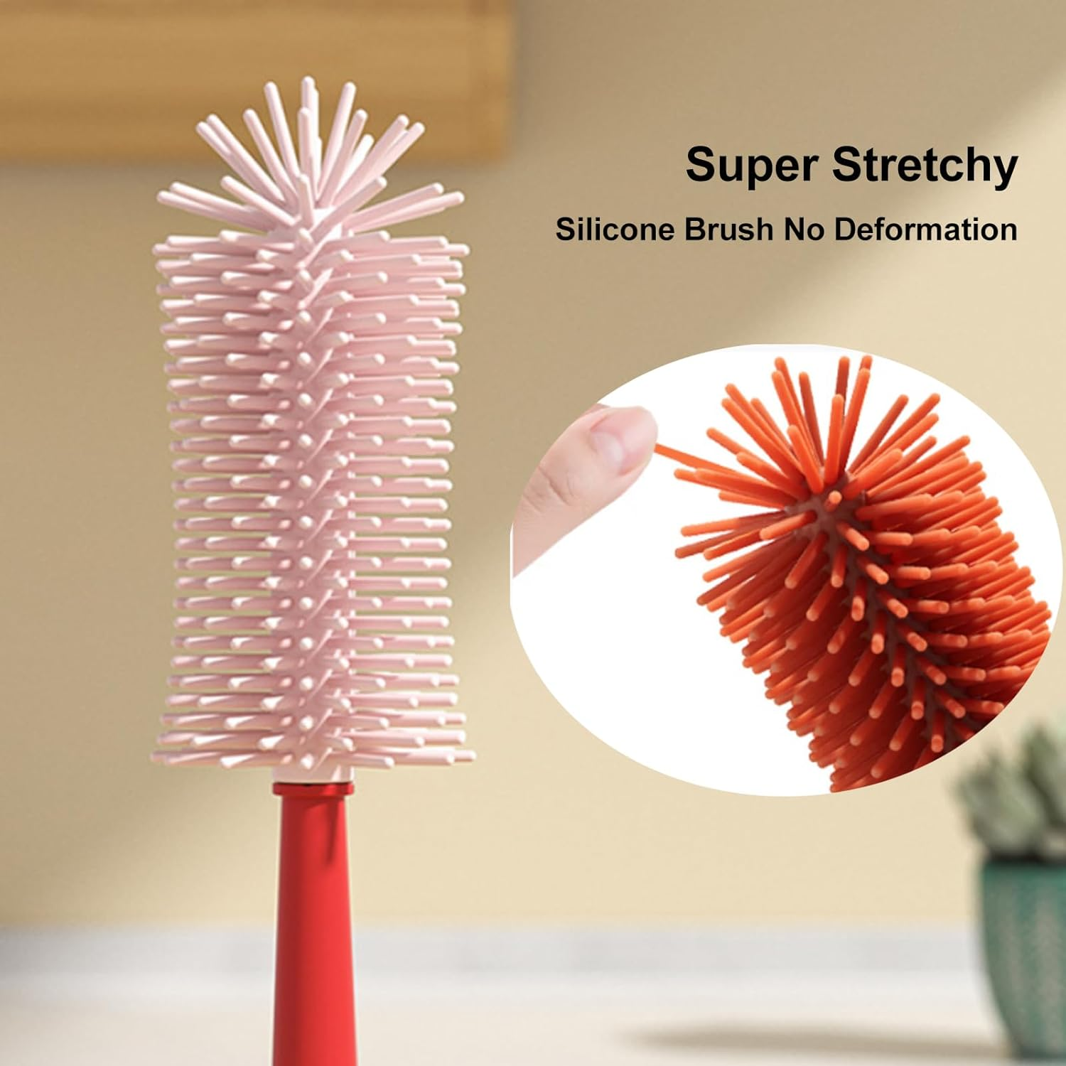 Bottle Brush 3 Pack - Silicone Baby Bottle Cleaner Brush Staw Cleaning Kitchen Wire Scrub Set for Washing, 12" Long Handle Water Sports Bottle Cleaner Vase, Glassware (Red)