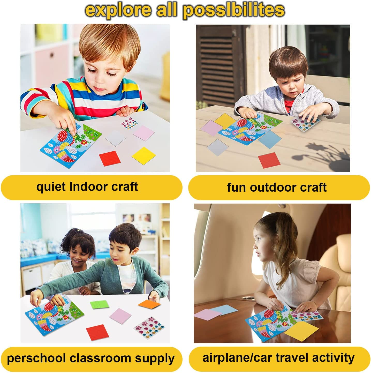 LZHZH Mosaic Sticker Art Sticky DIY Handmade Art Kits for Kids - Sunflower, Butterfly, Sailboat, Woodpecker, Hot Air Balloon, Airplane (6 Pack) (Handmade Art Kits for Kids) image number 2