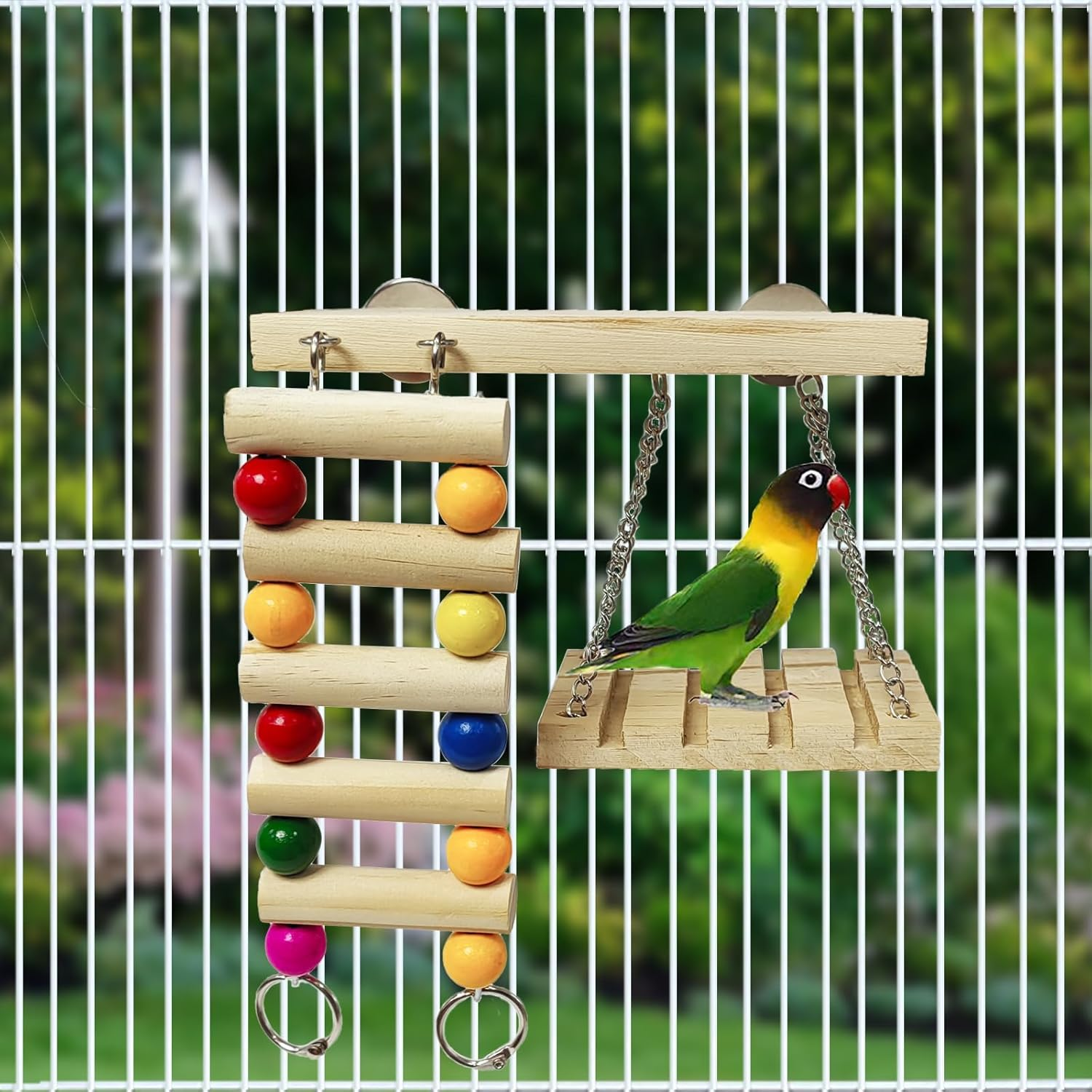 XICEN Bird Perches Toys Set Cage Accessories Parrot Nature Wooden Playground Hanging Standing Platform Play Stand with Swing Ladder for Lovebirds, Parakeet, Conures, Budgie and Other Small Animals image number 3