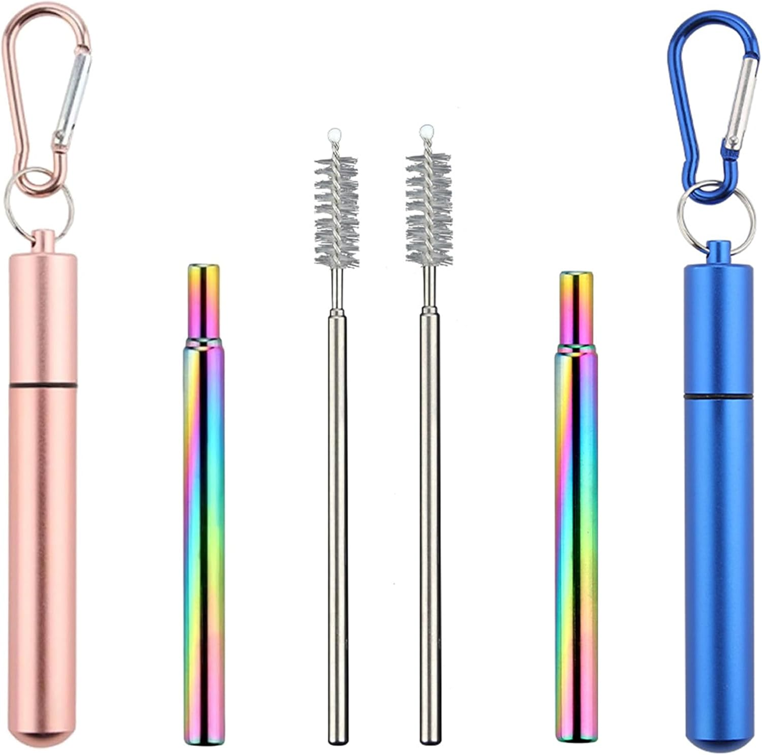 WADY Reusable Stainless Steel Straw,Collapsible Stainless Steel Drinking Straw Telescopic Straw (With Keychain Case & Cleaning Brush) for Smoothie, Milkshake, Cocktail and Hot Drinks (Rose Gold+Blue) image number 3