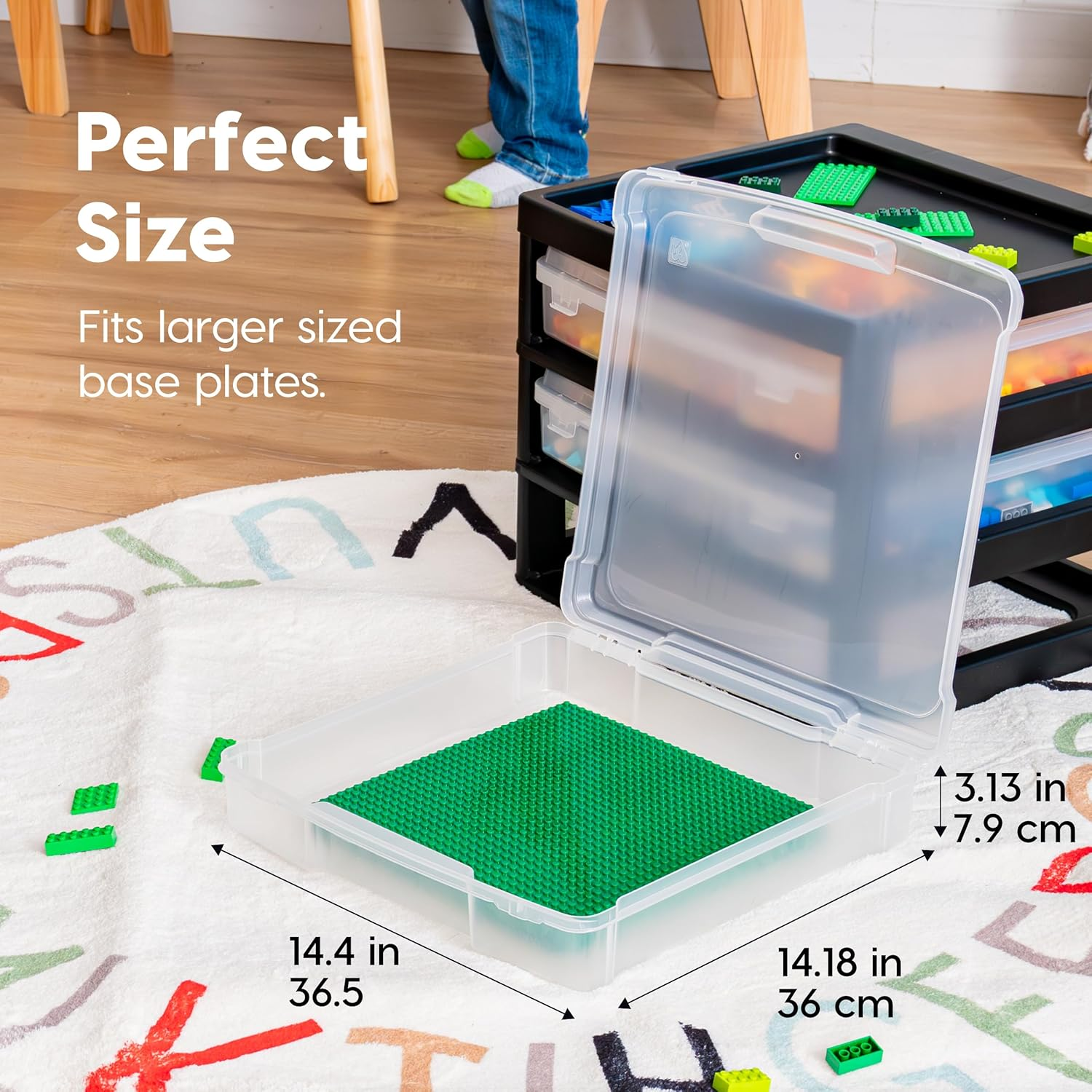 IRIS USA Fits 12" X 12" Paper, 3-Tier Scrapbook Storage Unit with Organizer Top, for Building Blocks  Papers Tools Office Art and Craft Supplies, Desktop Organizer, Built in Handle, Black/Clear