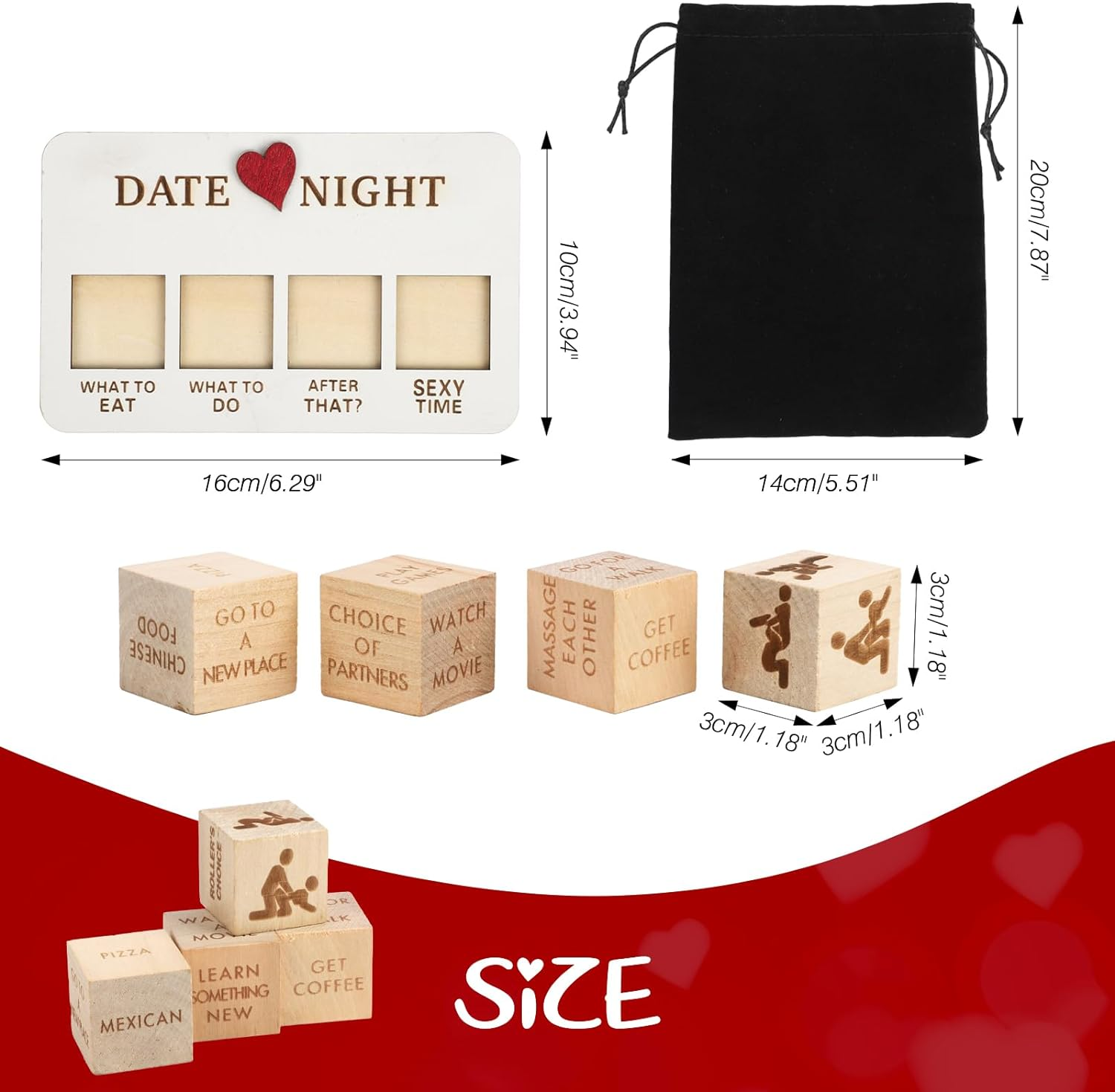Wooden Date Night Dice, Romantic What to Do Date Night Couples Games with Pouch Storage, Novelty Action Decision Dice Games Date Night Ideas for Couples, Valentine'S Day, Birthday image number 4