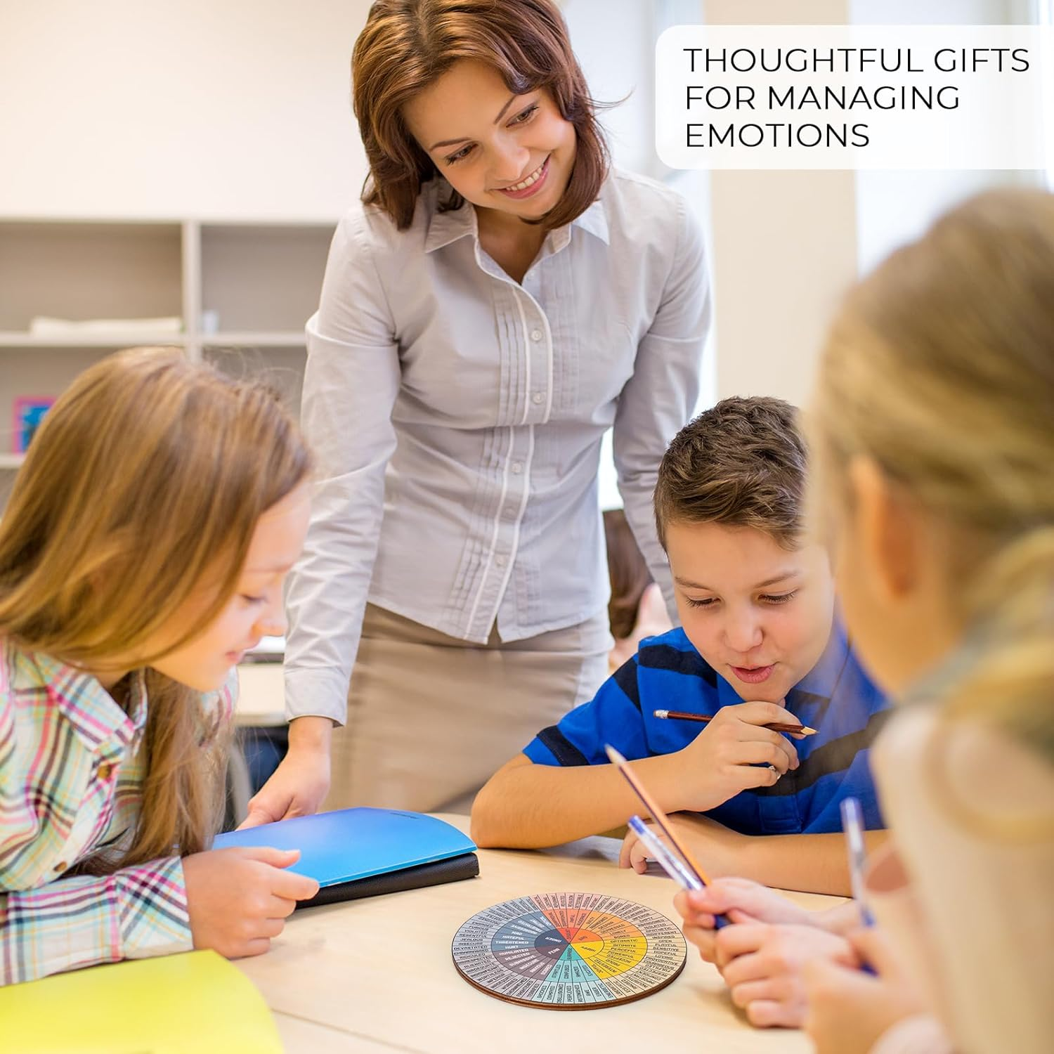 Giftacity Feelings Wheel Therapy Office Desk Decor - Double Sided Mental Health Office Emotions Chart with Stand, Therapist Gifts for Home Office Women Man, FWOD01