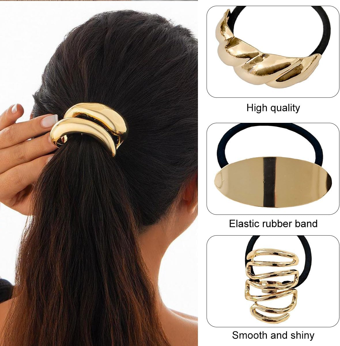 Golden Hair Scrunchie Bracelet, Gold Elastic Hair Bands, Pack of 4, Girls, Geometric Style, Elastic, for Girls and Women image number 6