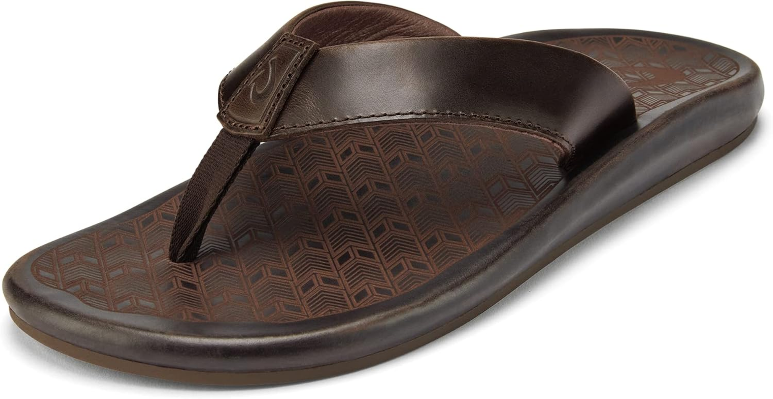 Olukai 'Ilikai Men'S Leather Sandals, Full-Grain Leather Flip-Flop Slides, Anatomical Footbed & Cushioning, Comfort Fit & Wet Grip Rubber