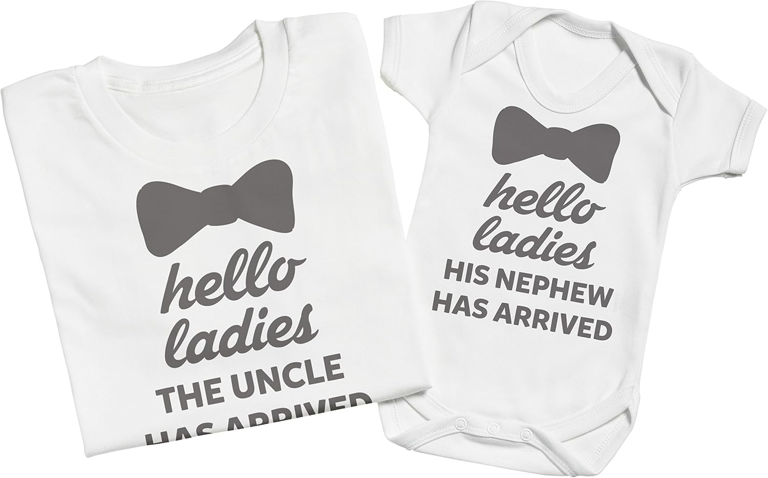 Zarlivia Clothing Hello Ladies, the Nephew Is Here - Matching Uncle Nephew Gift Set - Mens T Shirt & Baby Bodysuit - White - Medium & 6-12 Months image number 6