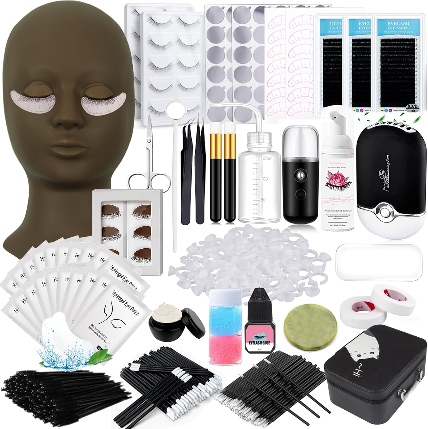 Eyelash Extension Supplies USB Air Conditioning Blower Facial Mister Lash Tweezers Mirror Mascara Brush Lash Shampoo Brush Bottle Silicone Pad Glue Rings under Eye Gel Pads Micro Applicators Tapes