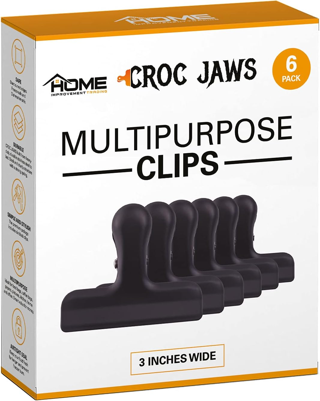 Croc Jaws Chip Clips - Non Magnetic. Stainless Steel. 3 Inches - Pack of 6, Black