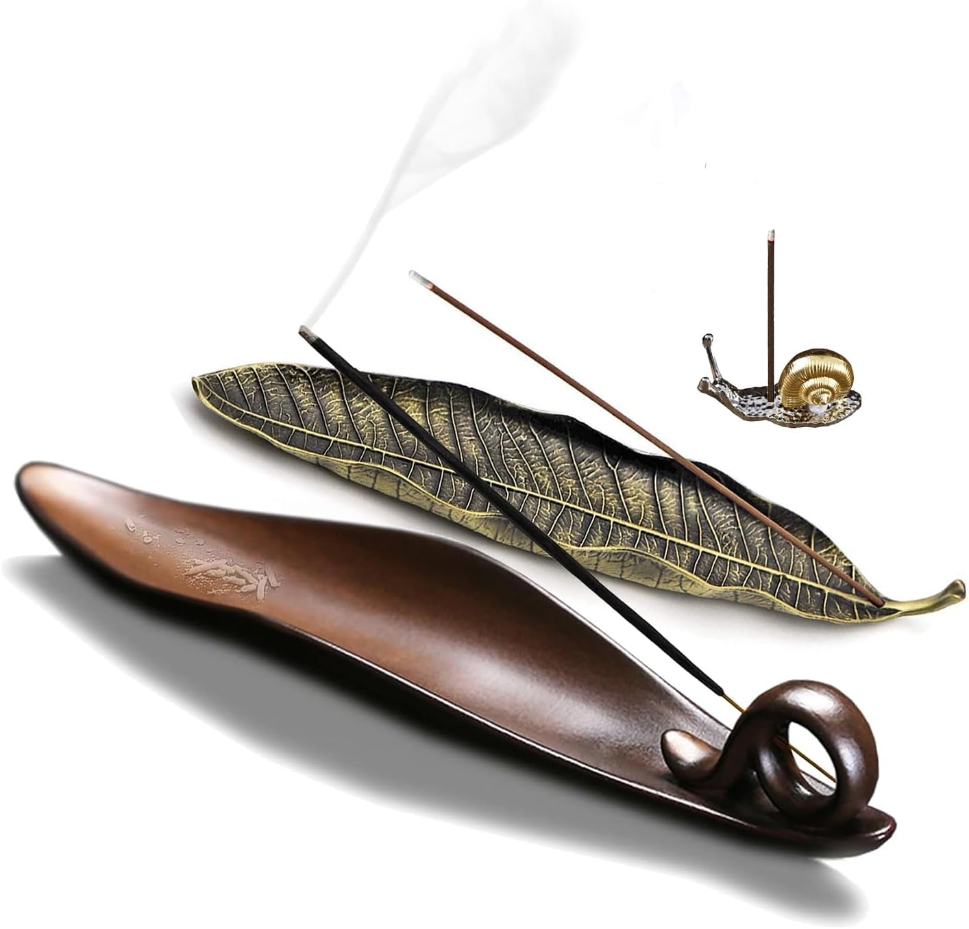 Incense Holder Set - 9 Inch Incense Leaf Boat Stick Holder, & Leaf and Snail Incense Burner, Modern Natural Design, Ceramic Incense Ash Cather for Counters, Meditation Room, Yoga, Home, Office image number 3