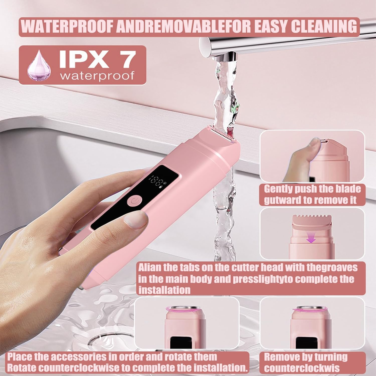 2 In1 Bikini Trimmer for Women Dual Head Electric Shaver Women USB Cordless Epilator Hair Removal for Women Waterproof Dry and Wet Use Lady Shaver Suitable for Body,Face,Armpits,Legs,Arm,Bikini(Pink) image number 2