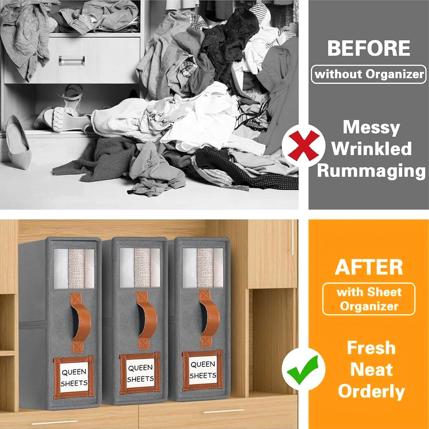 4 Pack Bed Sheet Organizers and Storage, Foldable Linen Closet Organiser with Window and Label, Home Storage & Organisation for Bedding Sheets,Duvet Covers,Blankets (Grey) image number 1