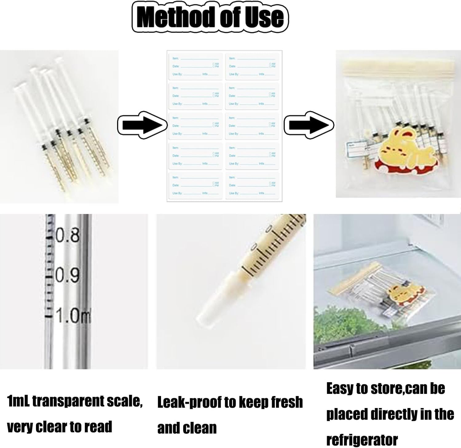 Colostrum Collector Kit, 52 Pcs 1Ml Colostrum Syringes with Caps, 1 Measuring Cup, 10 Storage Bags, 52 Labels image number 1