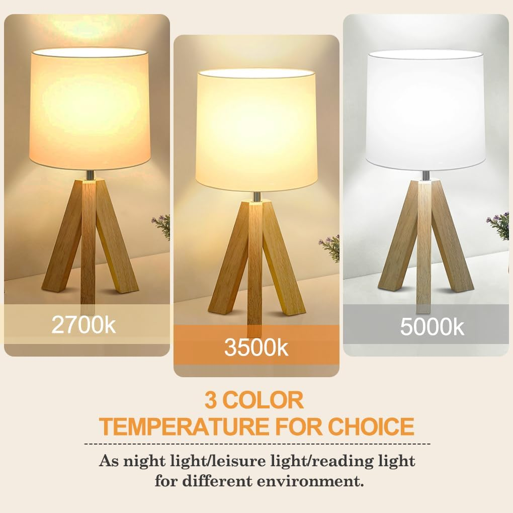 Clora beside Table Lamp, Wood Tripod Table Lamp with White Fabric Shade, Boho Nightstand Lamp, Minimalist Desk Lamp for Bedroom Living Room Nursery Kids Room Office Dorm, Bulb Included image number 1