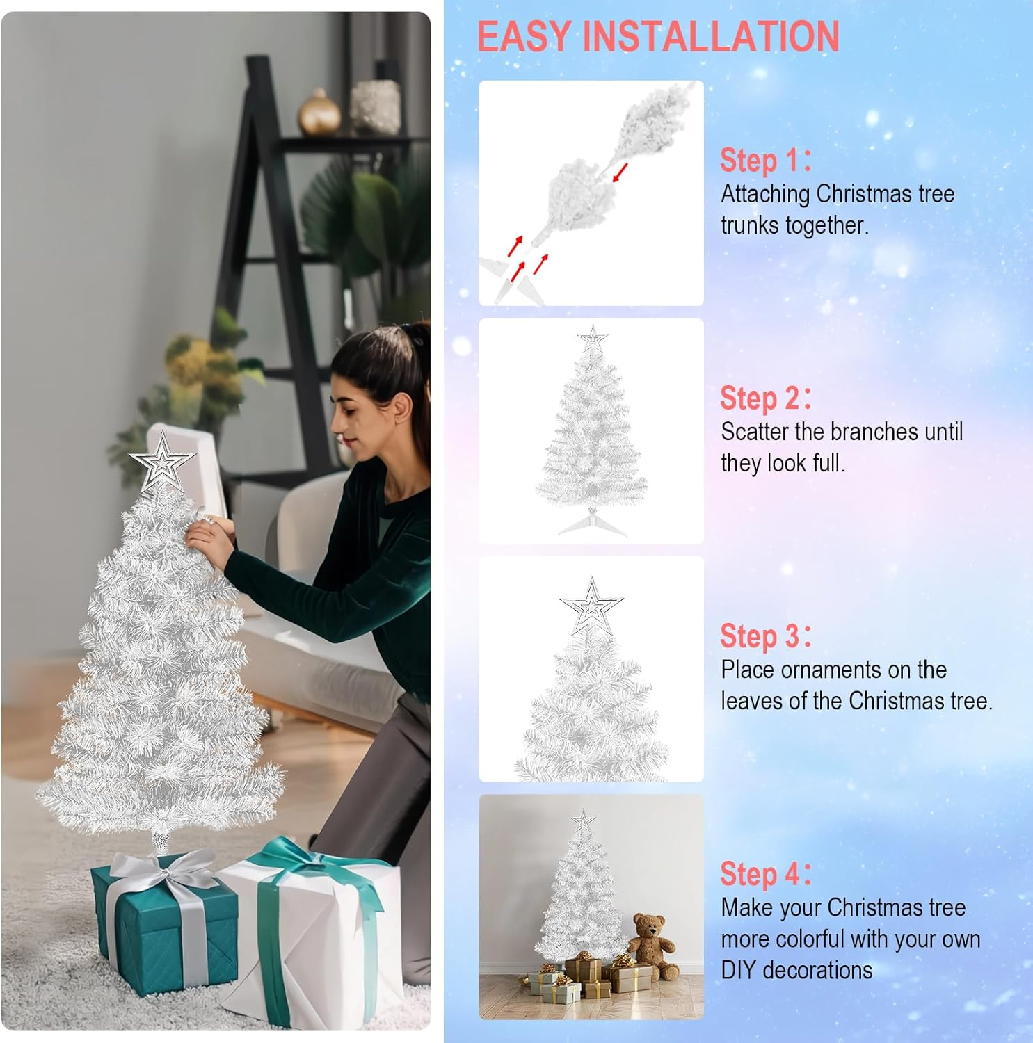 Mini White Christmas Tree Tabletop Premium Artificial 3Ft Small Christmas Tree for Home, Office, Indoor and Outdoor Decor,Holiday Decoration,Easy Assembly Metal Hinges & Foldable Base. image number 2